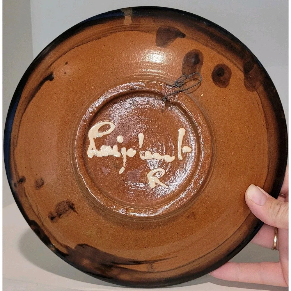 Vintage Italian Studio Pottery Embossed Fruit Plate Dark‎ Glaze Sign Luigiolanta